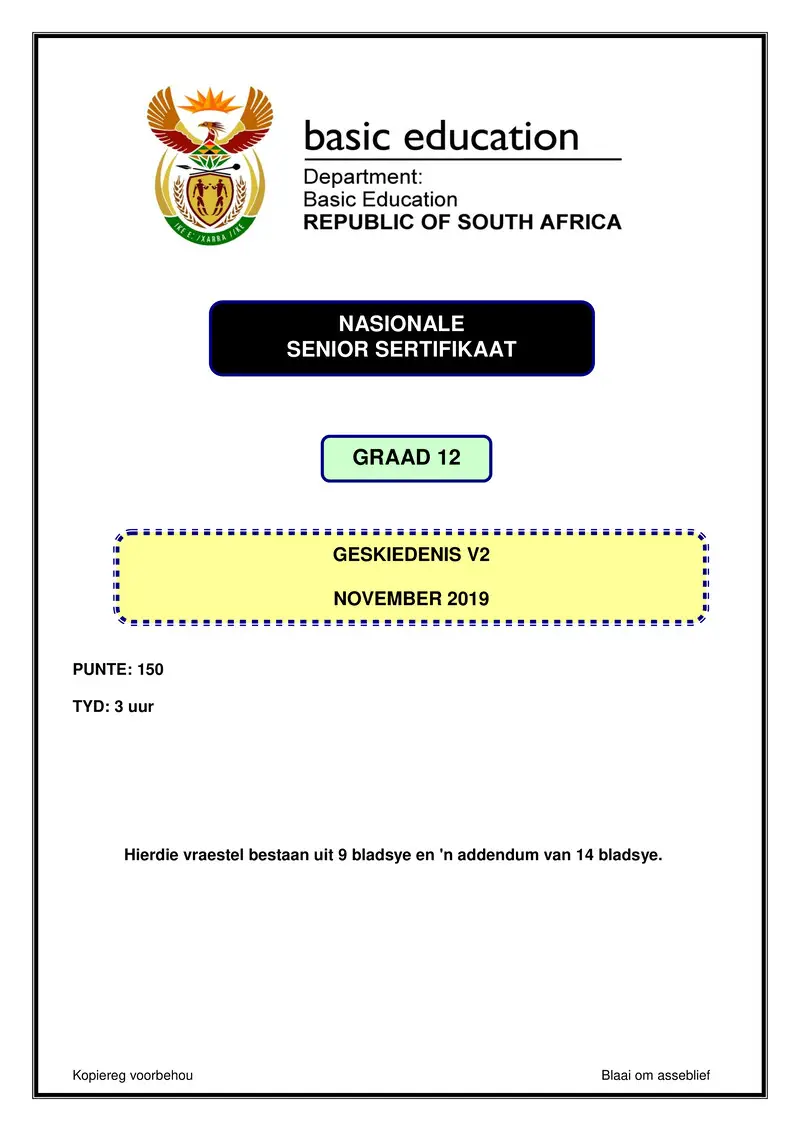 Grade 12 History past paper 2019 – history p2 nov 2019 afr gr12