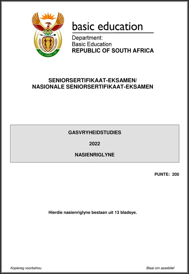 Grade 12 Gasvryheidstudies past paper 2022 – hospitality studies may june 2022 mg afr gr12