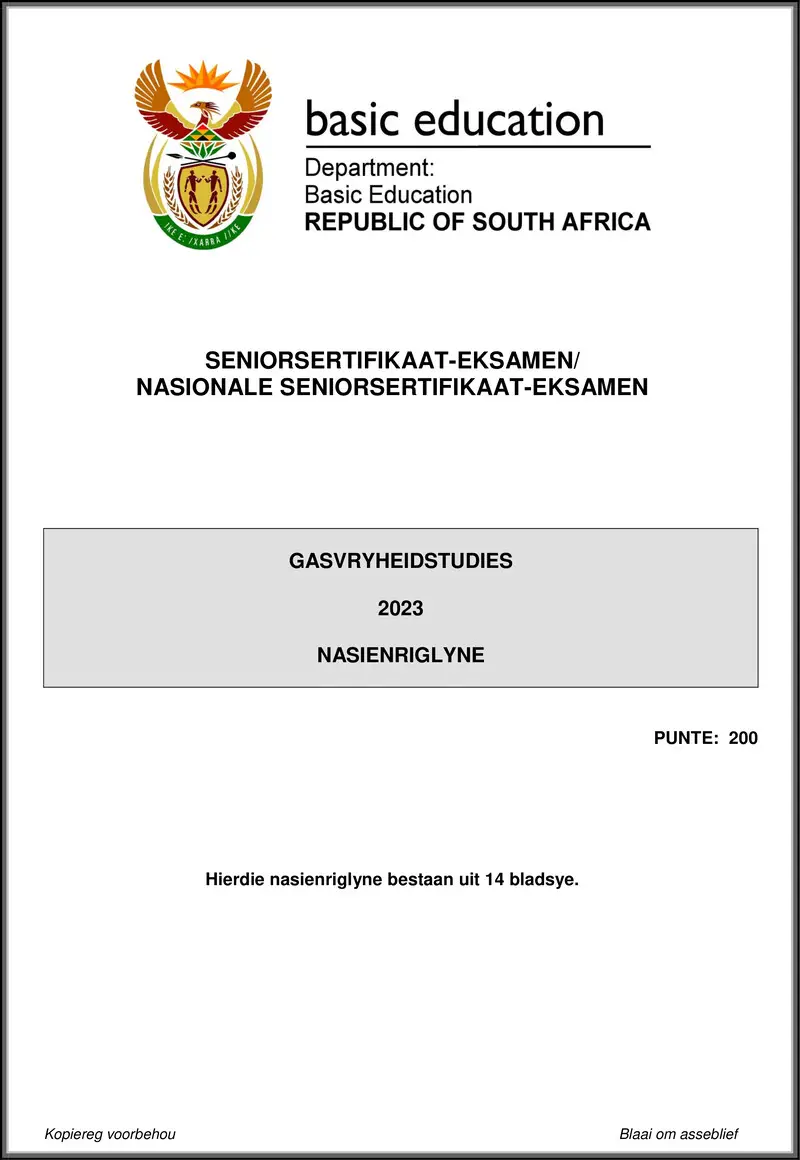 Grade 12 Gasvryheidstudies past paper 2023 – hospitality studies may june 2023 mg afr gr12