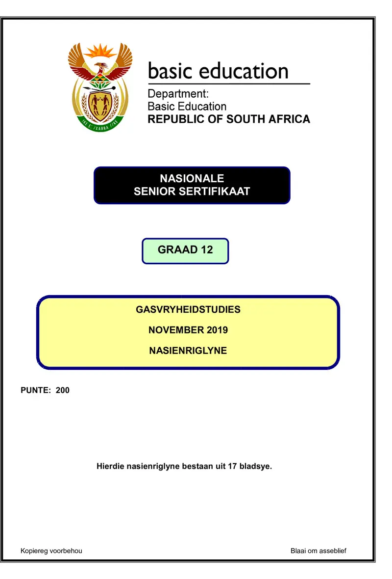 Grade 12 Gasvryheidstudies past paper 2019 – hospitality studies nov 2019 memo afr gr12