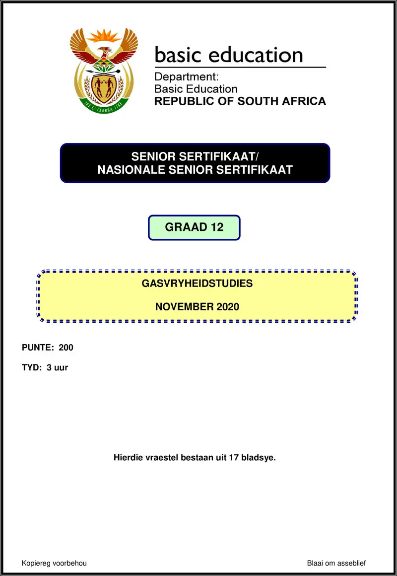 Grade 12 Gasvryheidstudies past paper 2020 – hospitality studies nov 2020 afr gr12