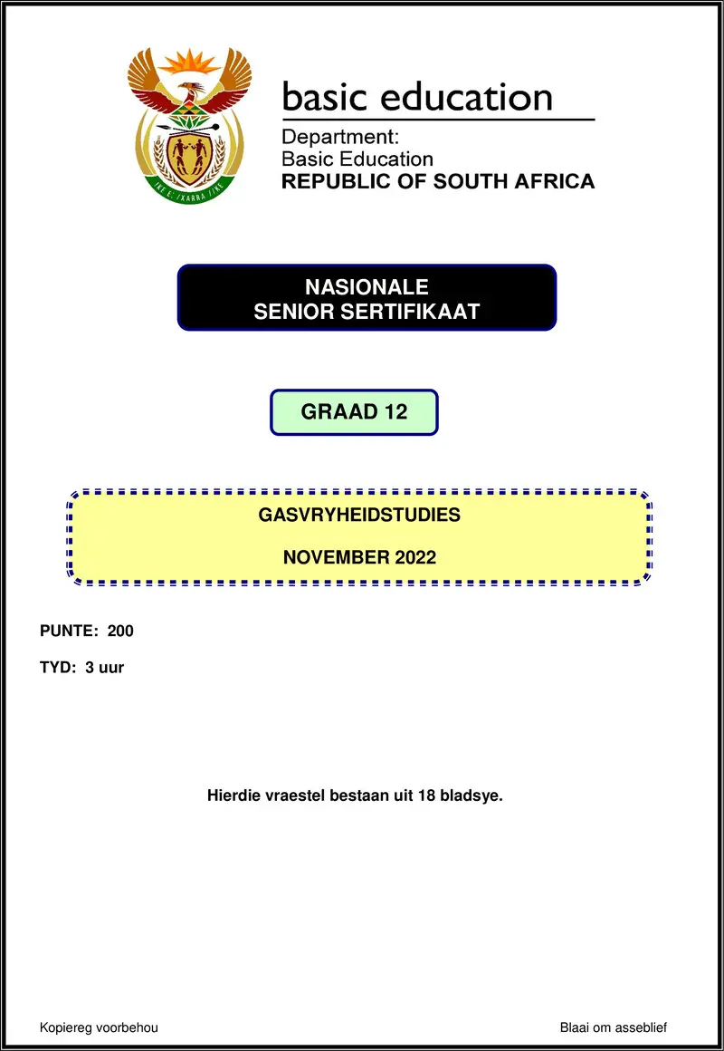 Grade 12 Gasvryheidstudies past paper 2022 – hospitality studies nov 2022 afr gr12