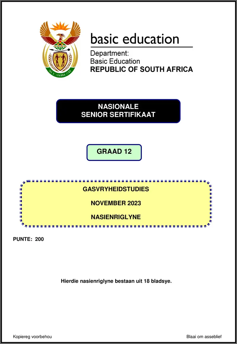 Grade 12 Gasvryheidstudies past paper 2023 – hospitality studies nov 2023 mg afr gr12