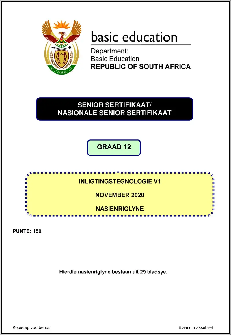 Grade 12 Information Technology past paper 2020 – information technology p1 nov 2020 memo afr gr12