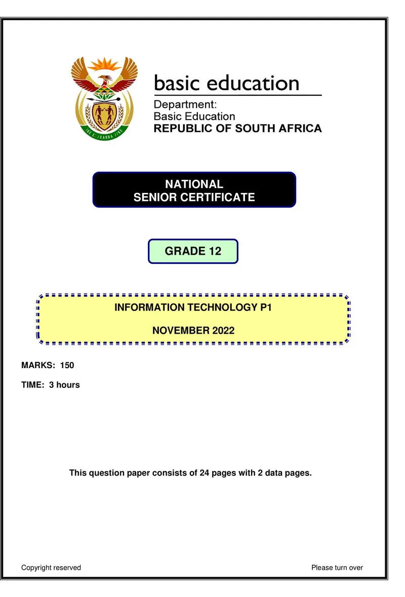 Grade 12 Information Technology past paper 2022 – information technology p1 nov 2022 eng gr12