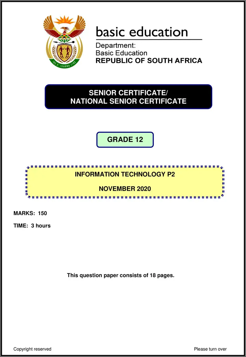 Grade 12 Information Technology past paper 2020 – information technology p2 nov 2020 eng gr12