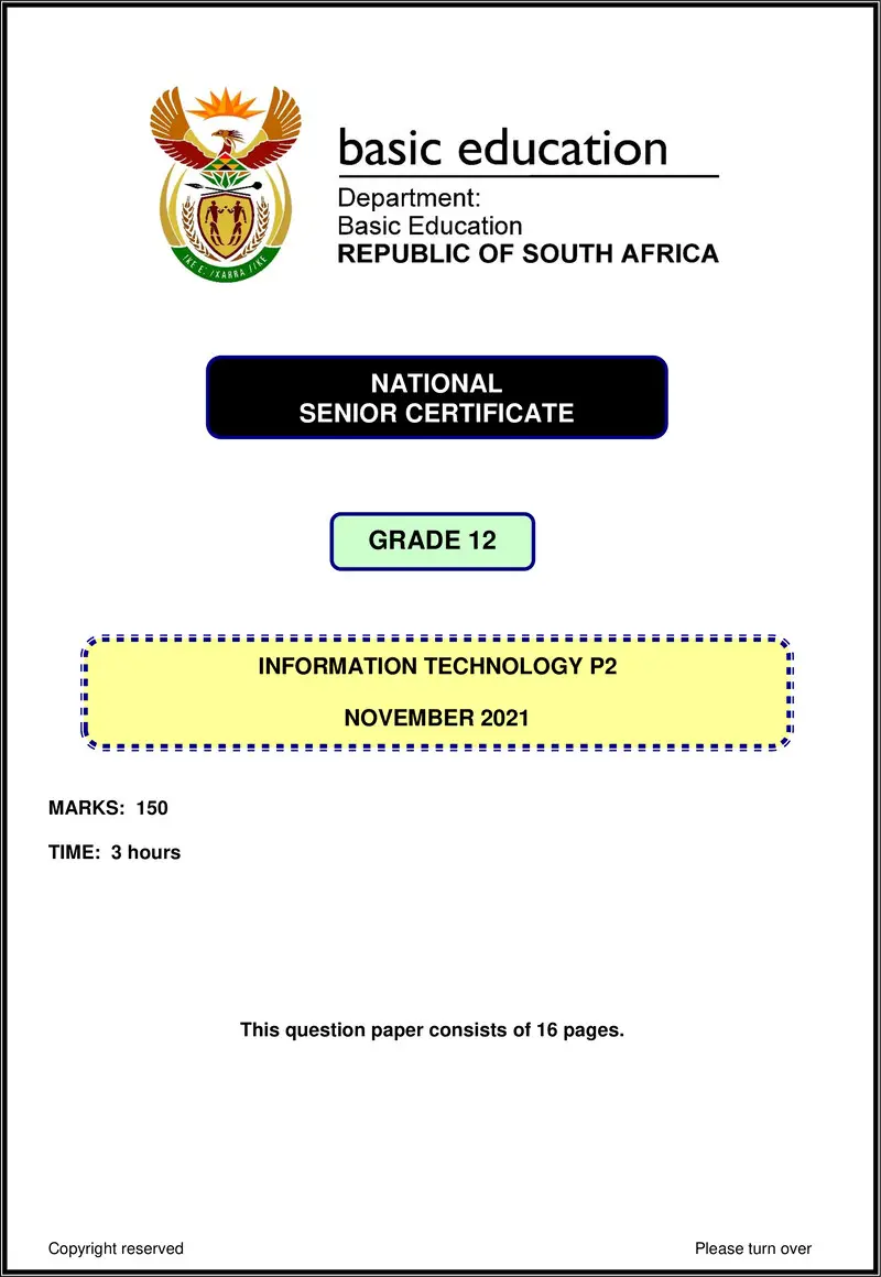 Grade 12 Information Technology past paper 2021 – information technology p2 nov 2021 eng gr12