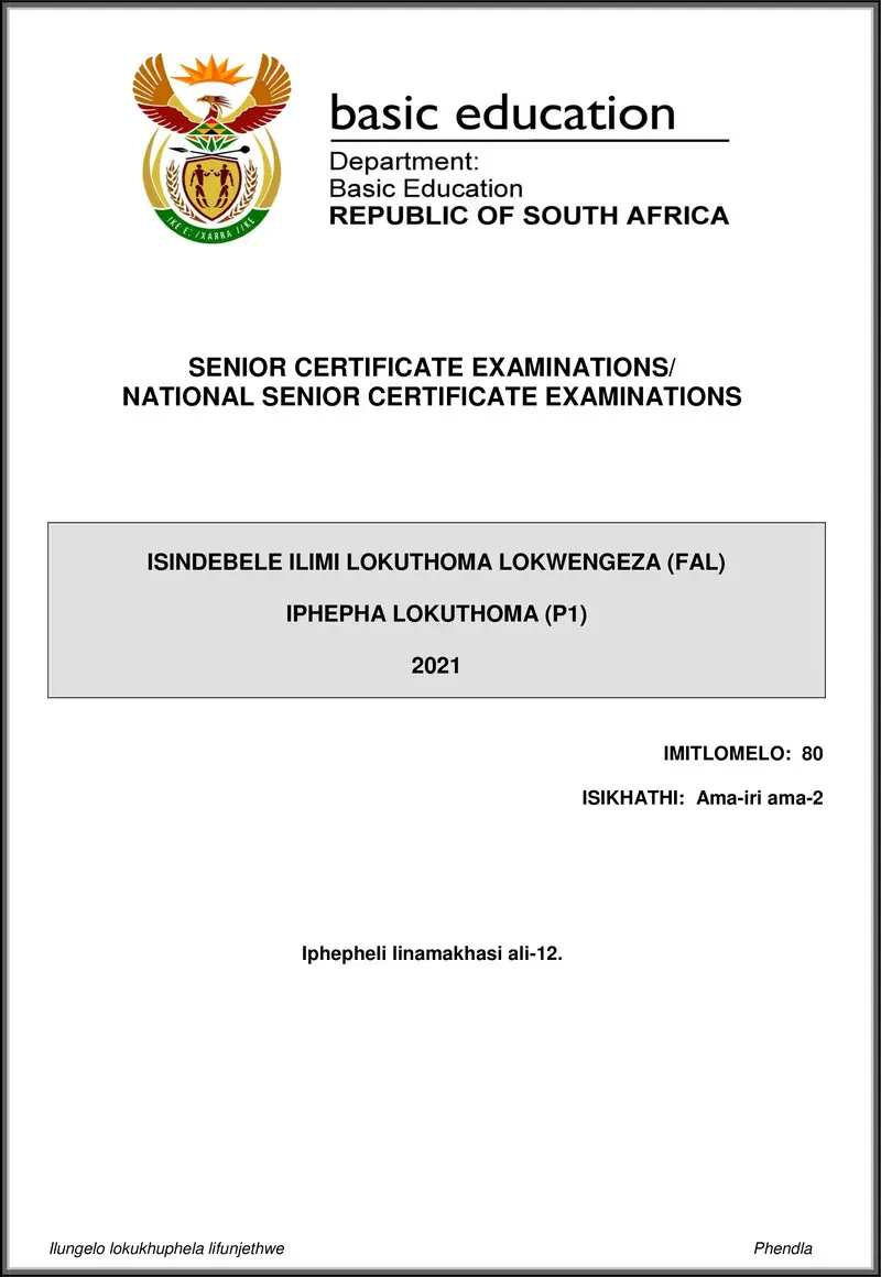 Grade 12 isiNdebele past paper 2021 – isindebele fal p1 may june 2021 gr12