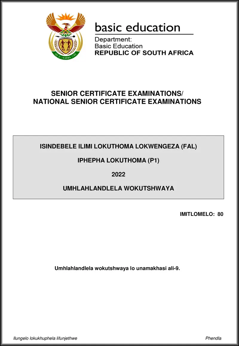 Grade 12 isiNdebele past paper 2022 – isindebele fal p1 may june 2022 mg gr12