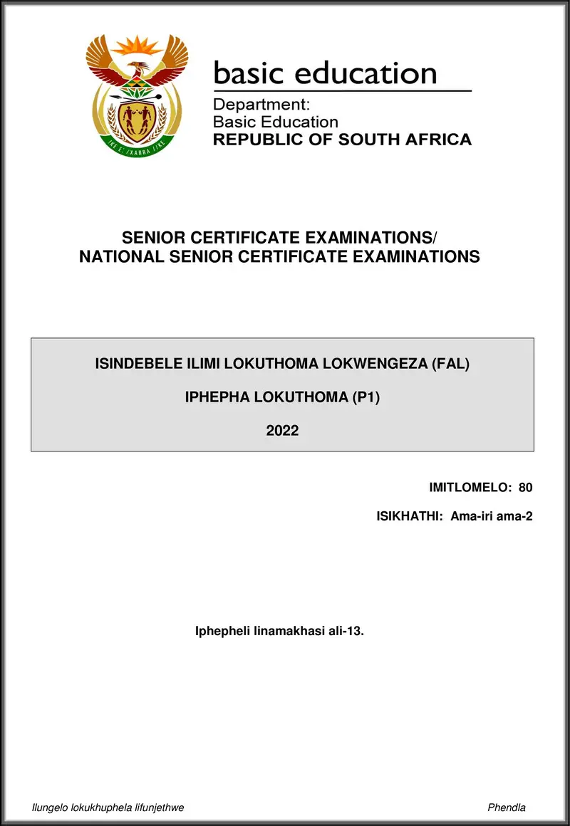 Grade 12 isiNdebele past paper 2022 – isindebele fal p1 may june 2022 gr12