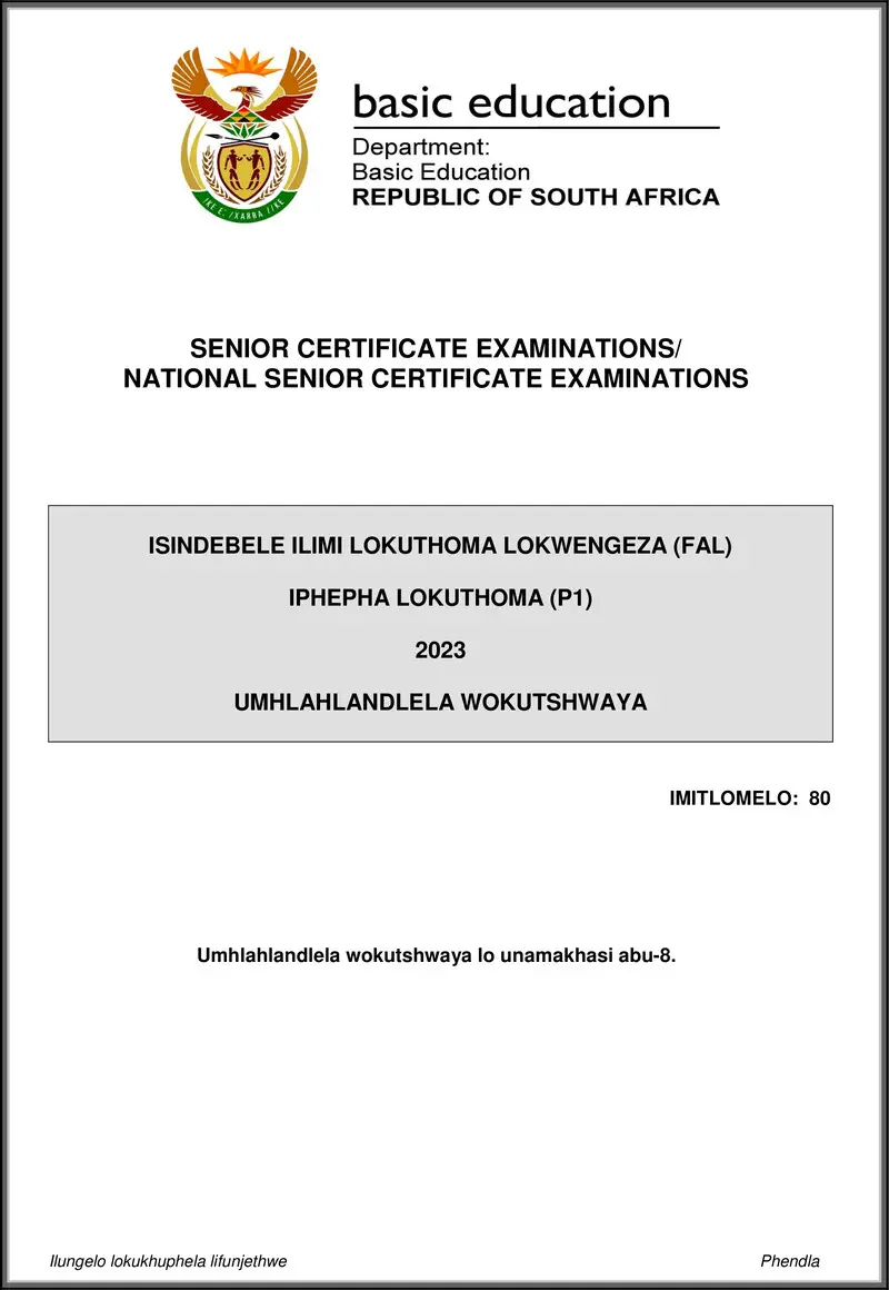 Grade 12 isiNdebele past paper 2023 – isindebele fal p1 may june 2023 mg gr12