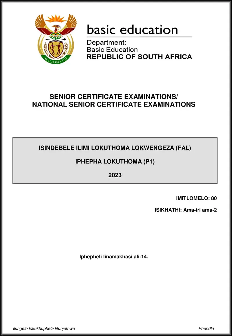 Grade 12 isiNdebele past paper 2023 – isindebele fal p1 may june 2023 gr12