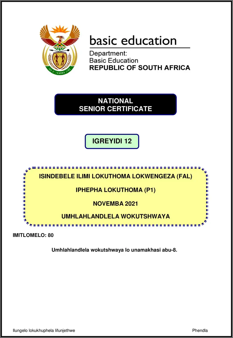 Grade 12 isiNdebele past paper 2021 – isindebele fal p1 nov 2021 mg gr12