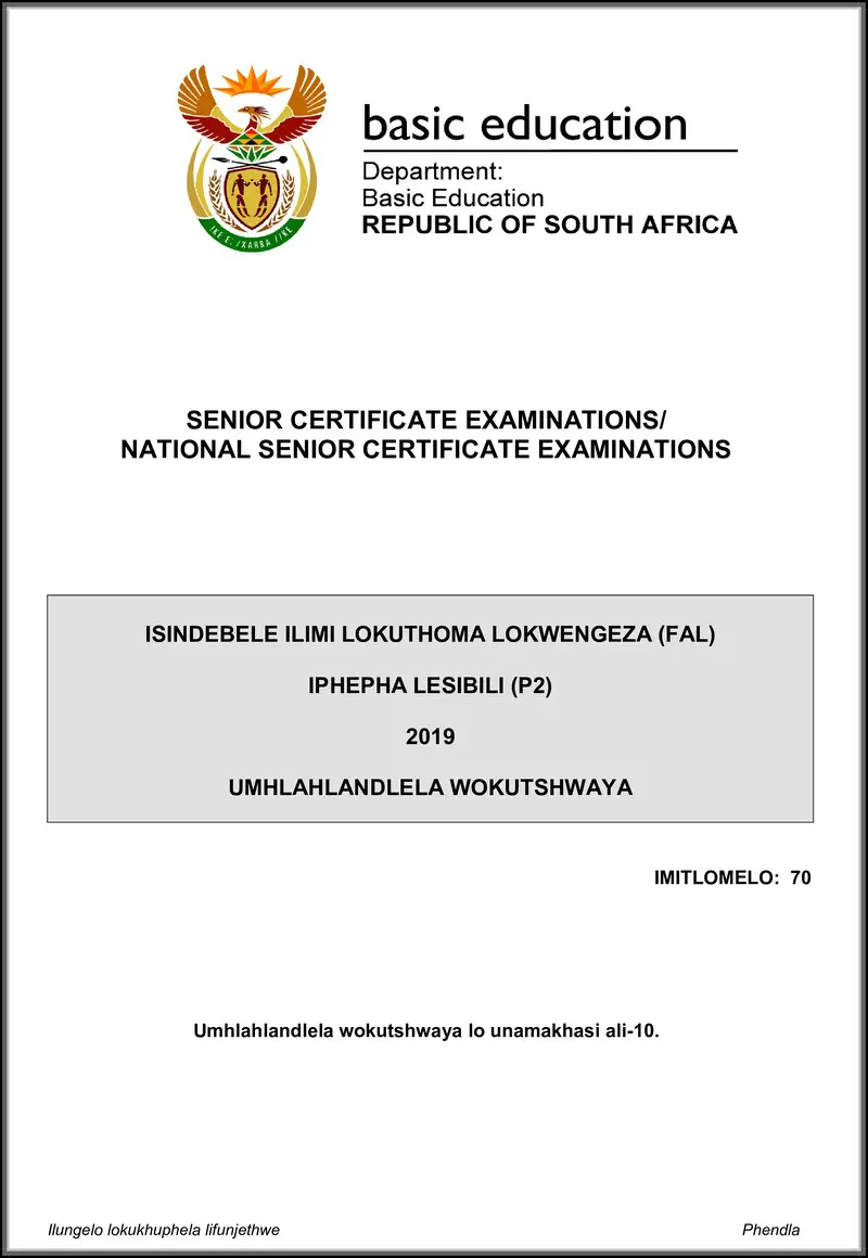 Grade 12 isiNdebele past paper 2019 – isindebele fal p2 may june 2019 memo gr12