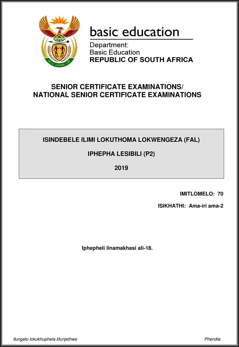 Grade 12 isiNdebele past paper 2019 – isindebele fal p2 may june 2019 gr12