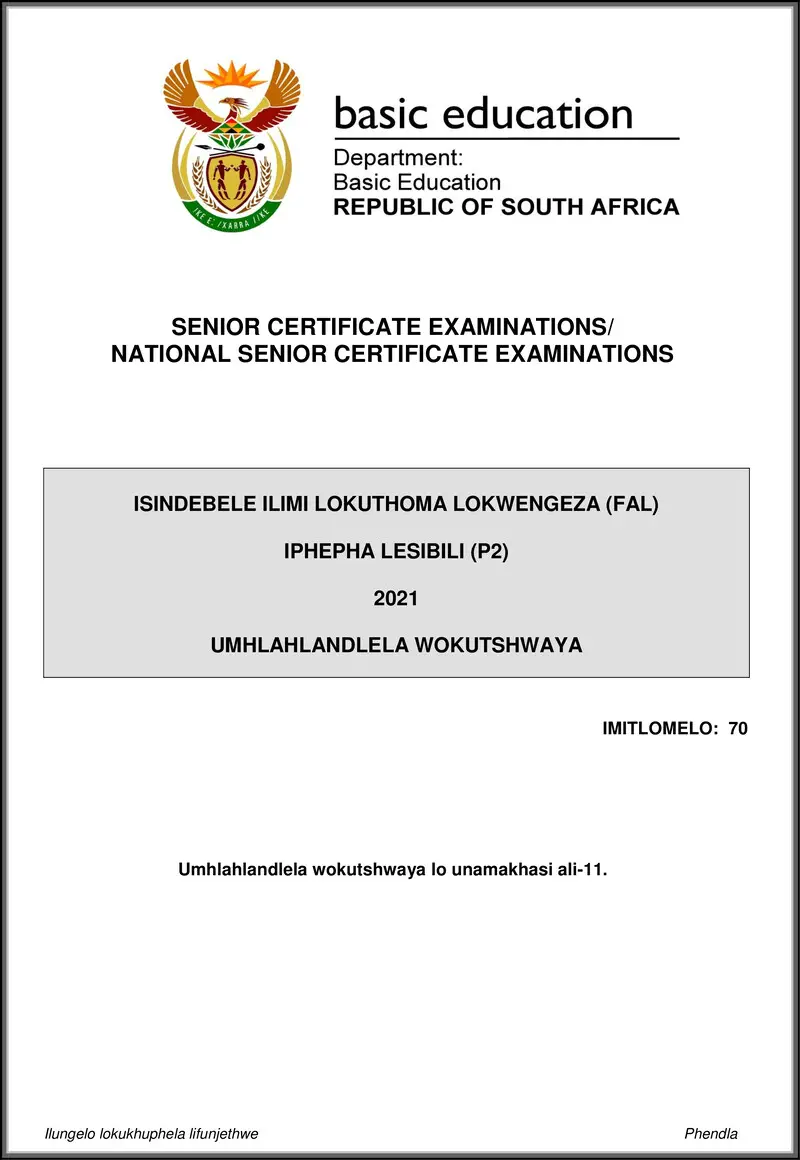 Grade 12 isiNdebele past paper 2021 – isindebele fal p2 may june 2021 mg gr12