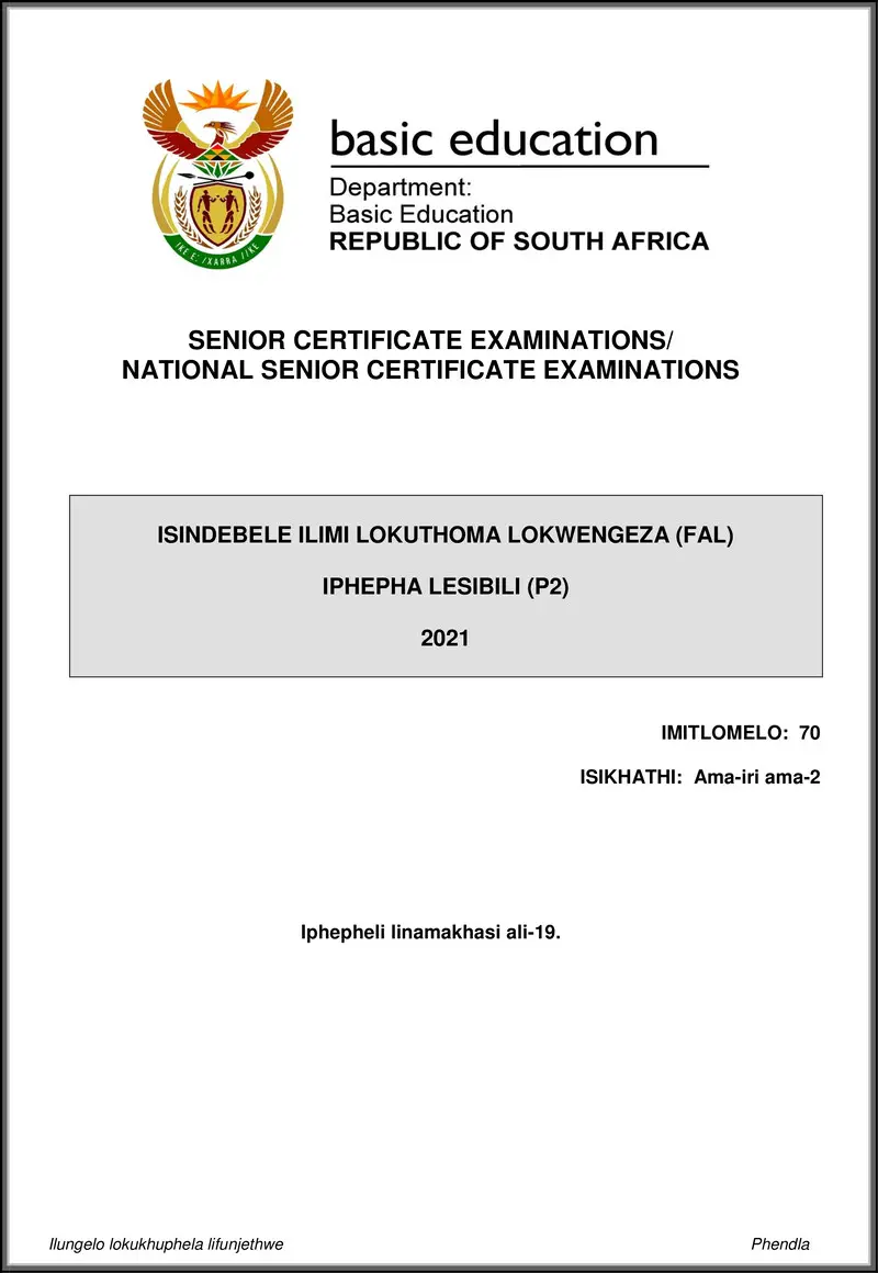 Grade 12 isiNdebele past paper 2021 – isindebele fal p2 may june 2021 gr12