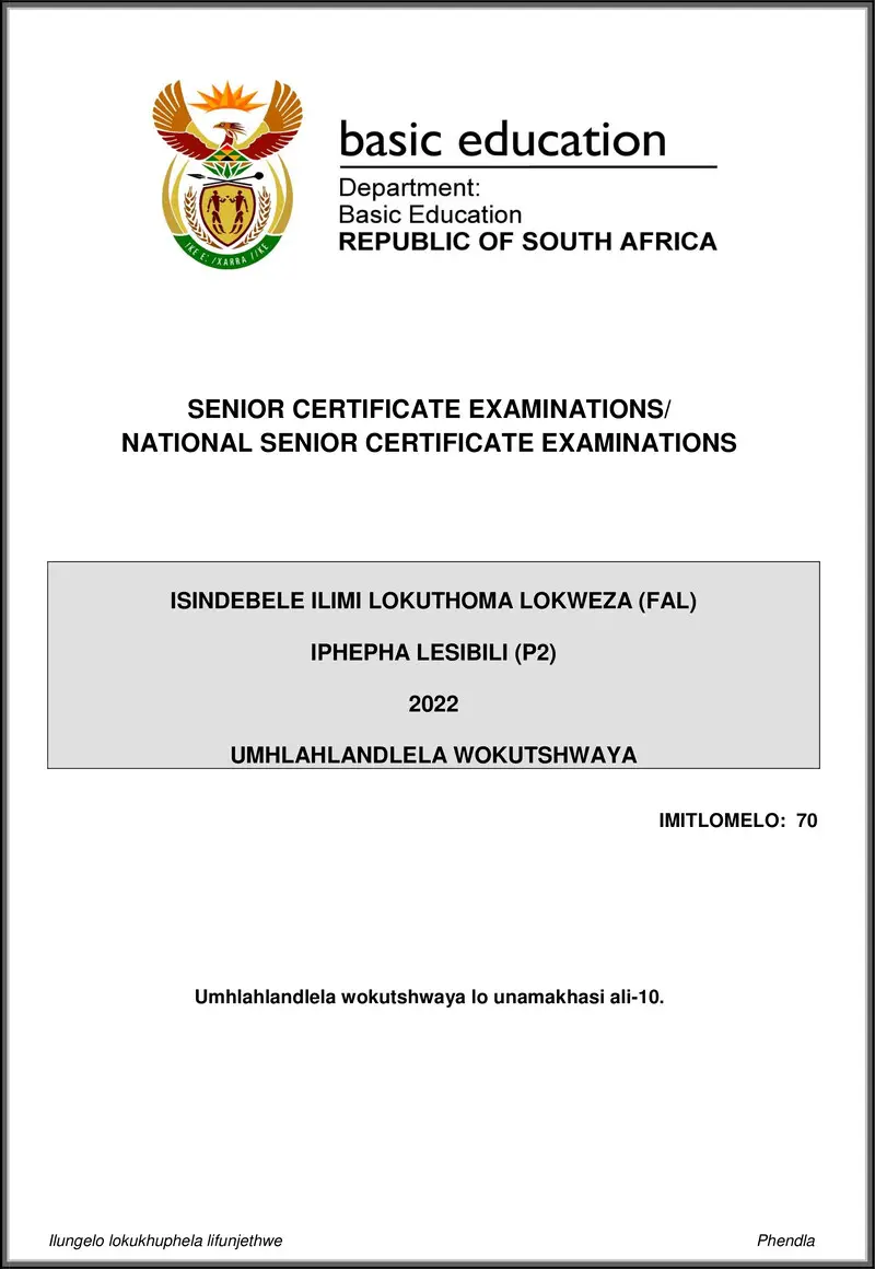 Grade 12 isiNdebele past paper 2022 – isindebele fal p2 may june 2022 mg gr12