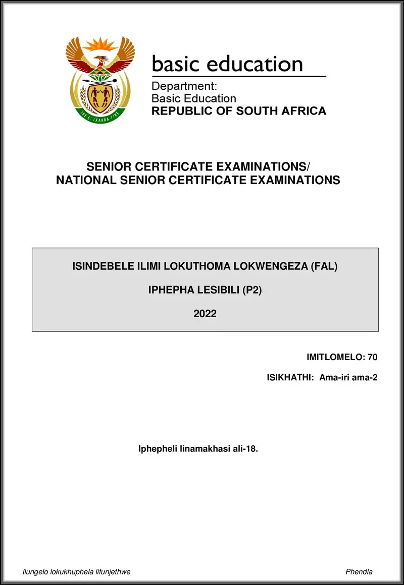 Grade 12 isiNdebele past paper 2022 – isindebele fal p2 may june 2022 gr12