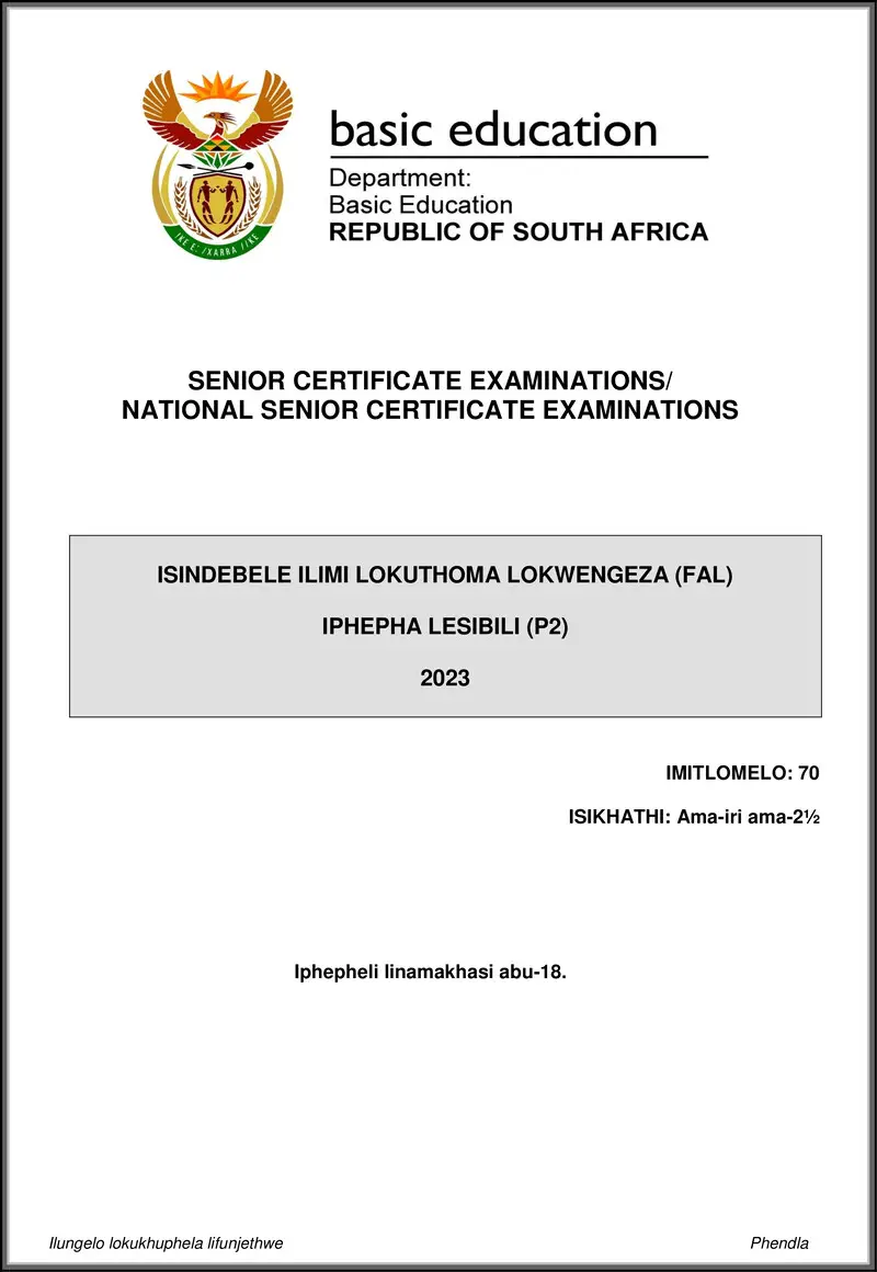 Grade 12 isiNdebele past paper 2023 – isindebele fal p2 may june 2023 gr12