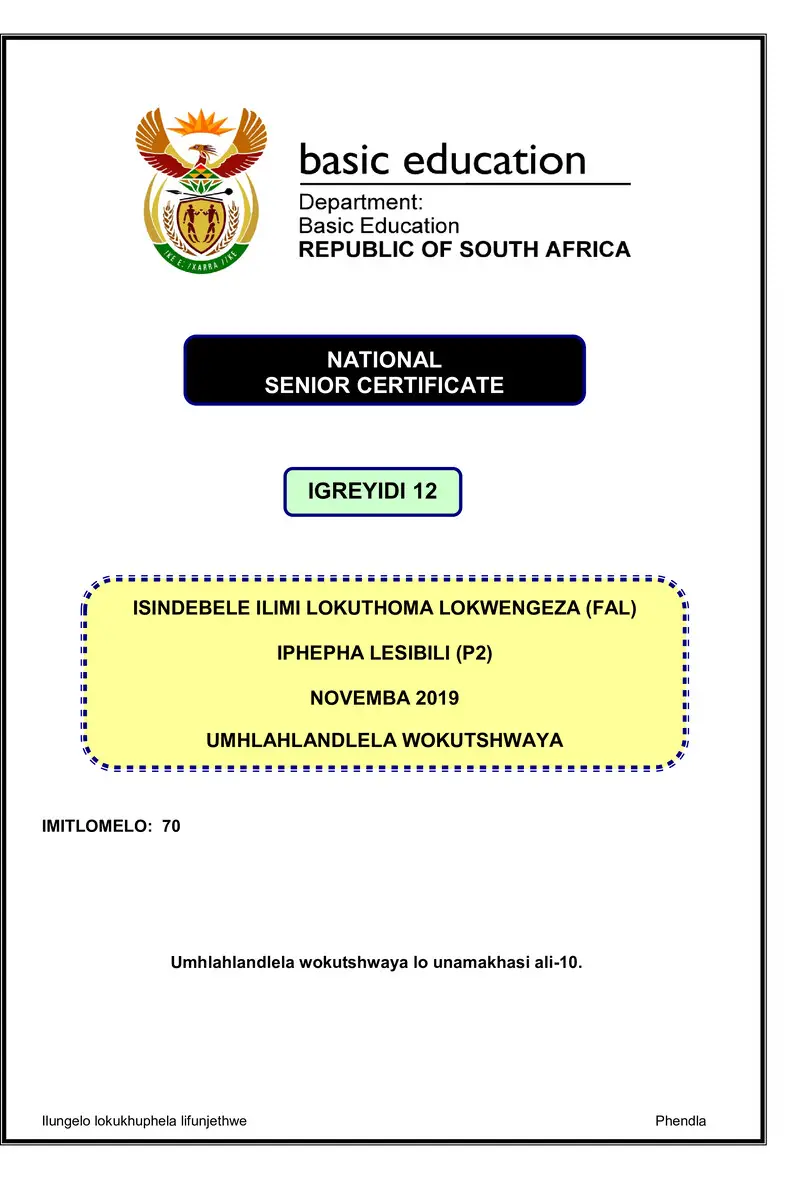 Grade 12 isiNdebele past paper 2019 – isindebele fal p2 nov 2019 memo gr12
