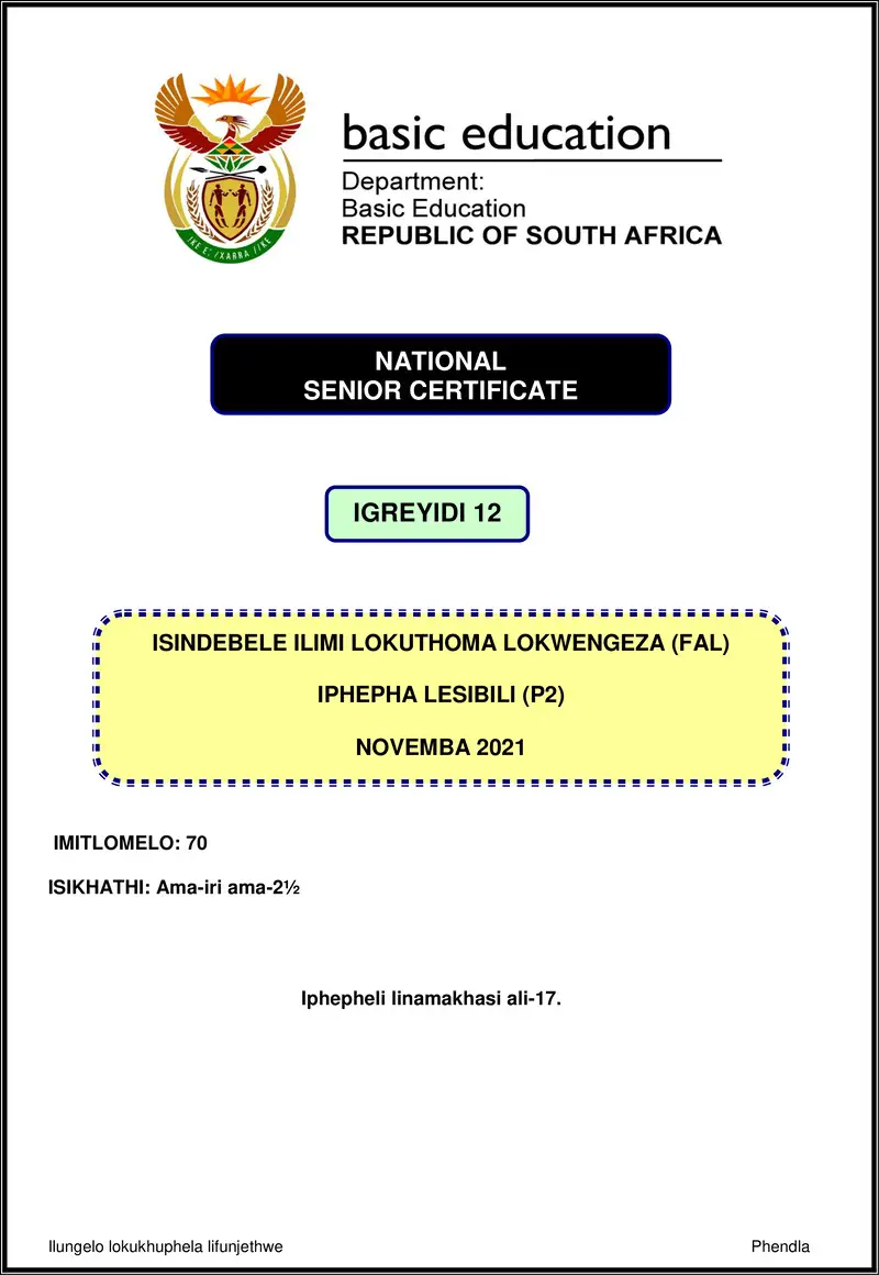 Grade 12 isiNdebele past paper 2021 – isindebele fal p2 nov 2021 gr12