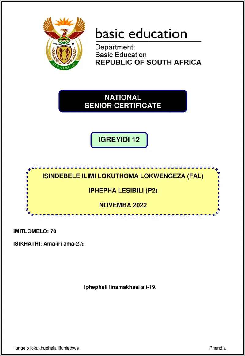 Grade 12 isiNdebele past paper 2022 – isindebele fal p2 nov 2022 gr12