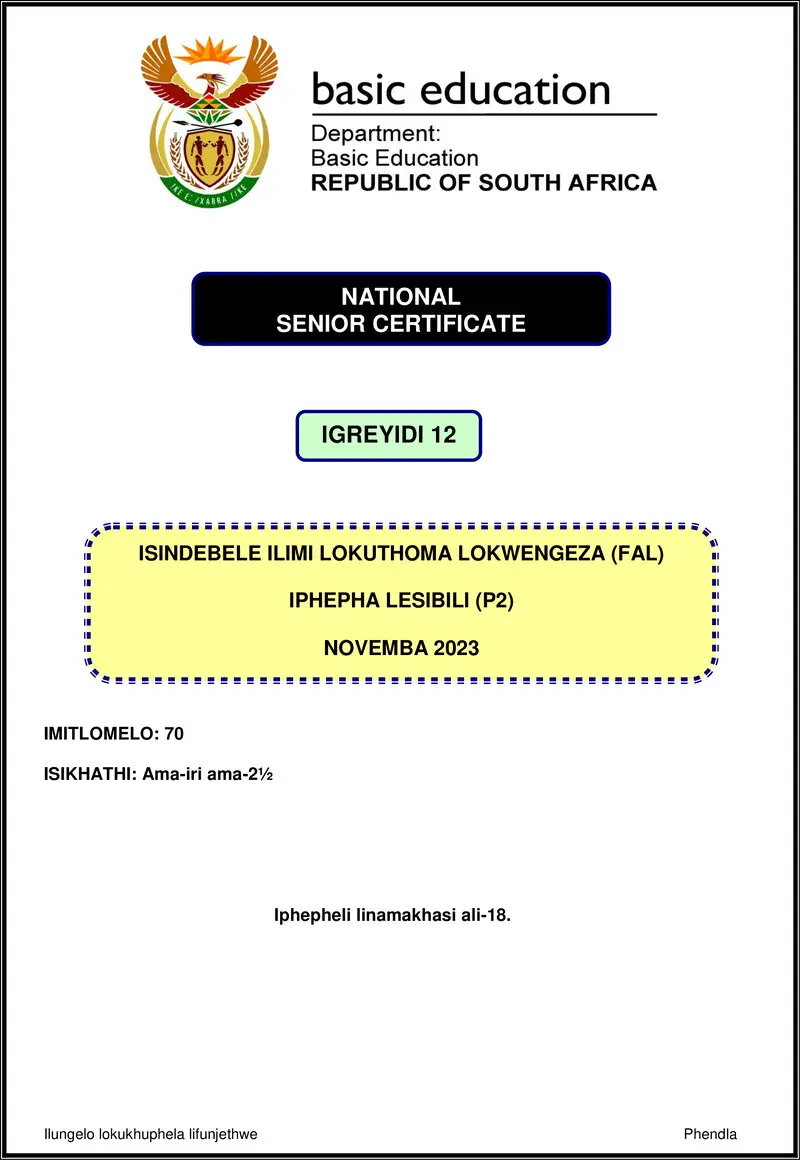 Grade 12 isiNdebele past paper 2023 – isindebele fal p2 nov 2023 gr12