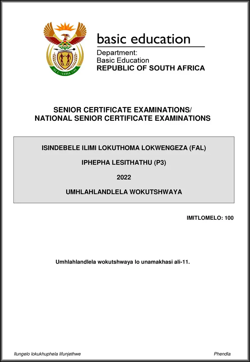 Grade 12 isiNdebele past paper 2022 – isindebele fal p3 may june 2022 mg gr12