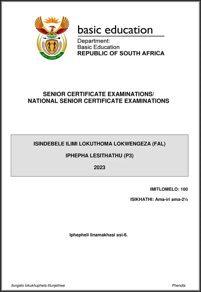 Grade 12 isiNdebele past paper 2023 – isindebele fal p3 may june 2023 gr12