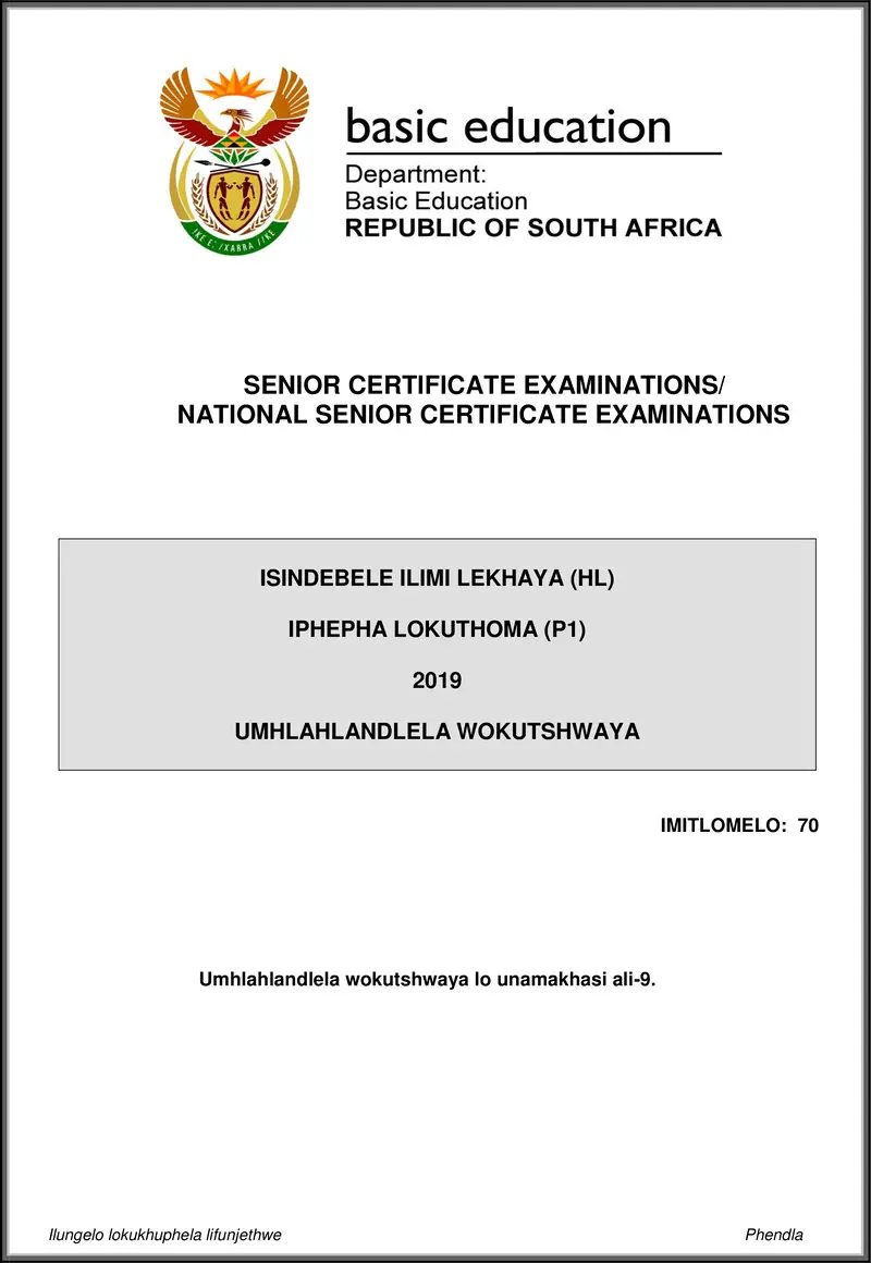Grade 12 isiNdebele past paper 2019 – isindebele hl p1 may june 2019 memo gr12