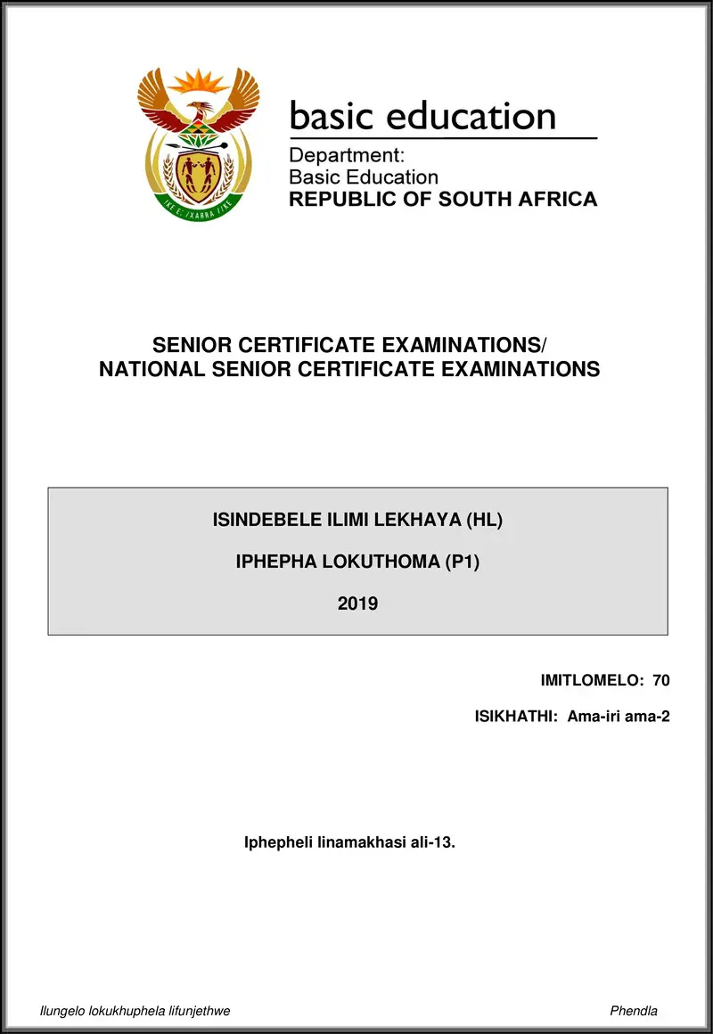 Grade 12 isiNdebele past paper 2019 – isindebele hl p1 may june 2019 gr12