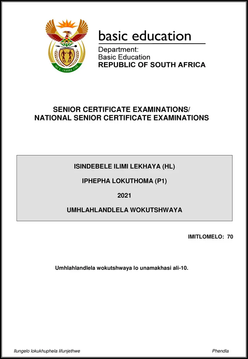 Grade 12 isiNdebele past paper 2021 – isindebele hl p1 may june 2021 mg gr12