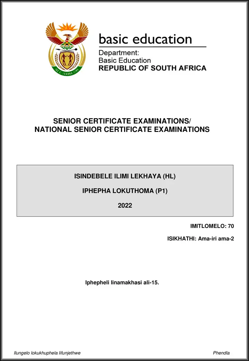 Grade 12 isiNdebele past paper 2022 – isindebele hl p1 may june 2022 gr12