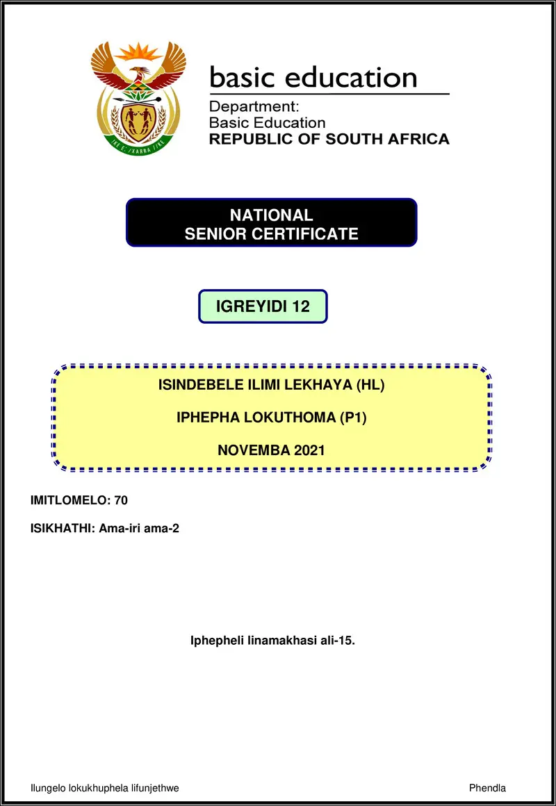 Grade 12 isiNdebele past paper 2021 – isindebele hl p1 nov 2021 gr12