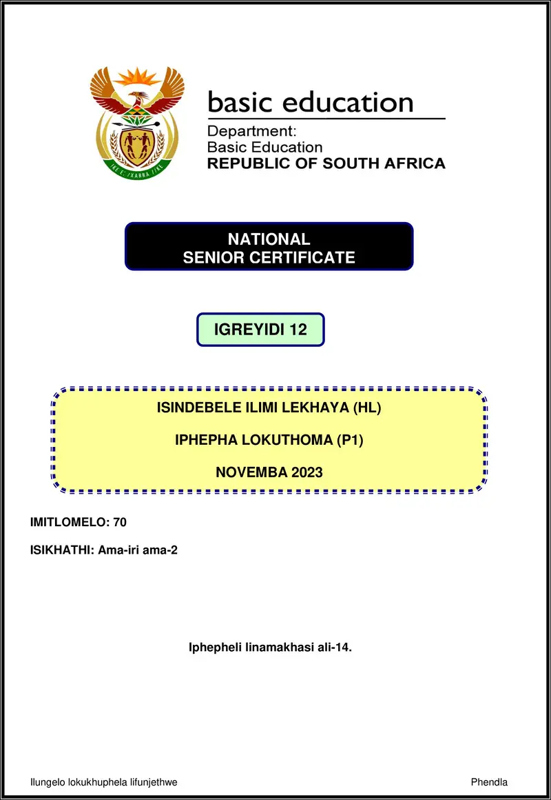 Grade 12 isiNdebele past paper 2023 – isindebele hl p1 nov 2023 gr12