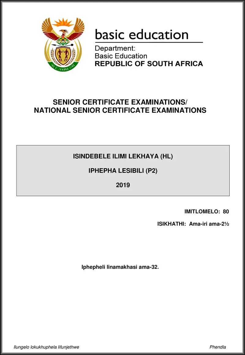 Grade 12 isiNdebele past paper 2019 – isindebele hl p2 may june 2019 gr12