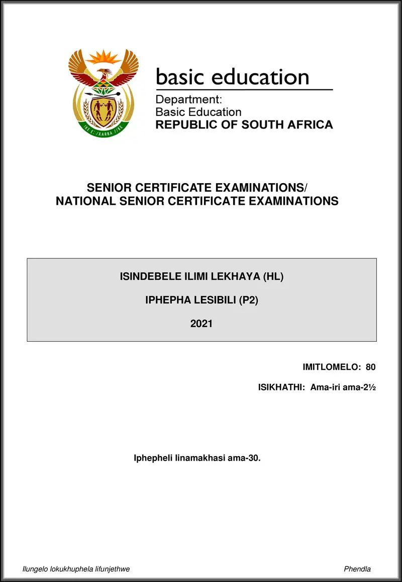 Grade 12 isiNdebele past paper 2021 – isindebele hl p2 may june 2021 gr12