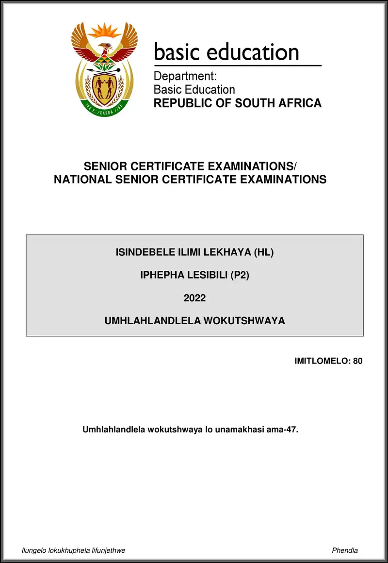 Grade 12 isiNdebele past paper 2022 – isindebele hl p2 may june 2022 mg gr12