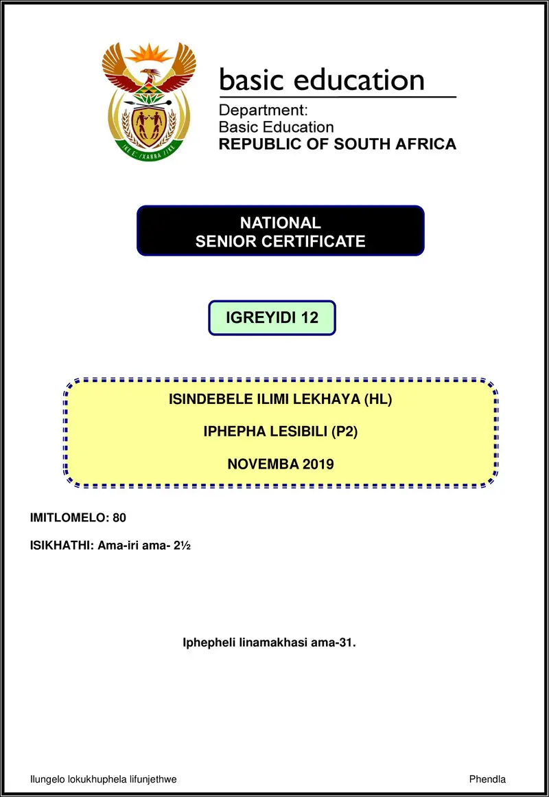 Grade 12 isiNdebele past paper 2019 – isindebele hl p2 nov 2019 gr12