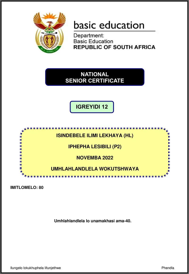 Grade 12 isiNdebele past paper 2022 – isindebele hl p2 nov 2022 mg gr12