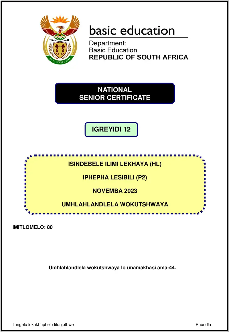 Grade 12 isiNdebele past paper 2023 – isindebele hl p2 nov 2023 mg gr12
