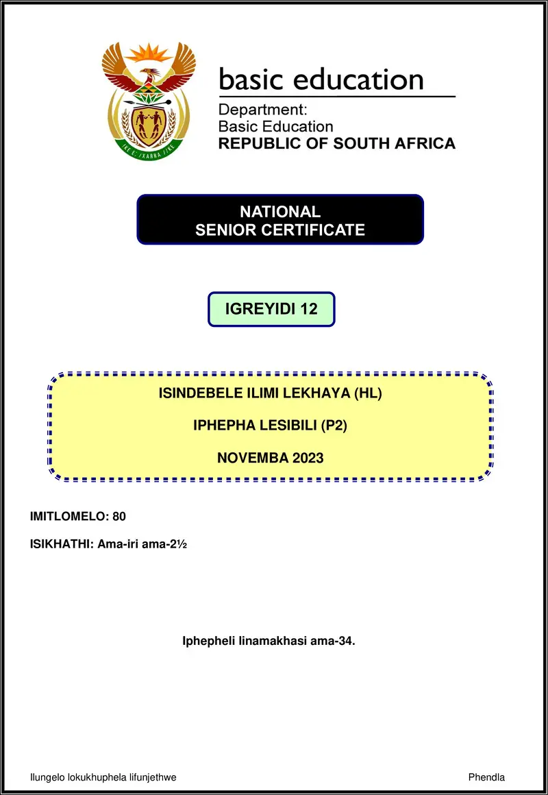 Grade 12 isiNdebele past paper 2023 – isindebele hl p2 nov 2023 gr12