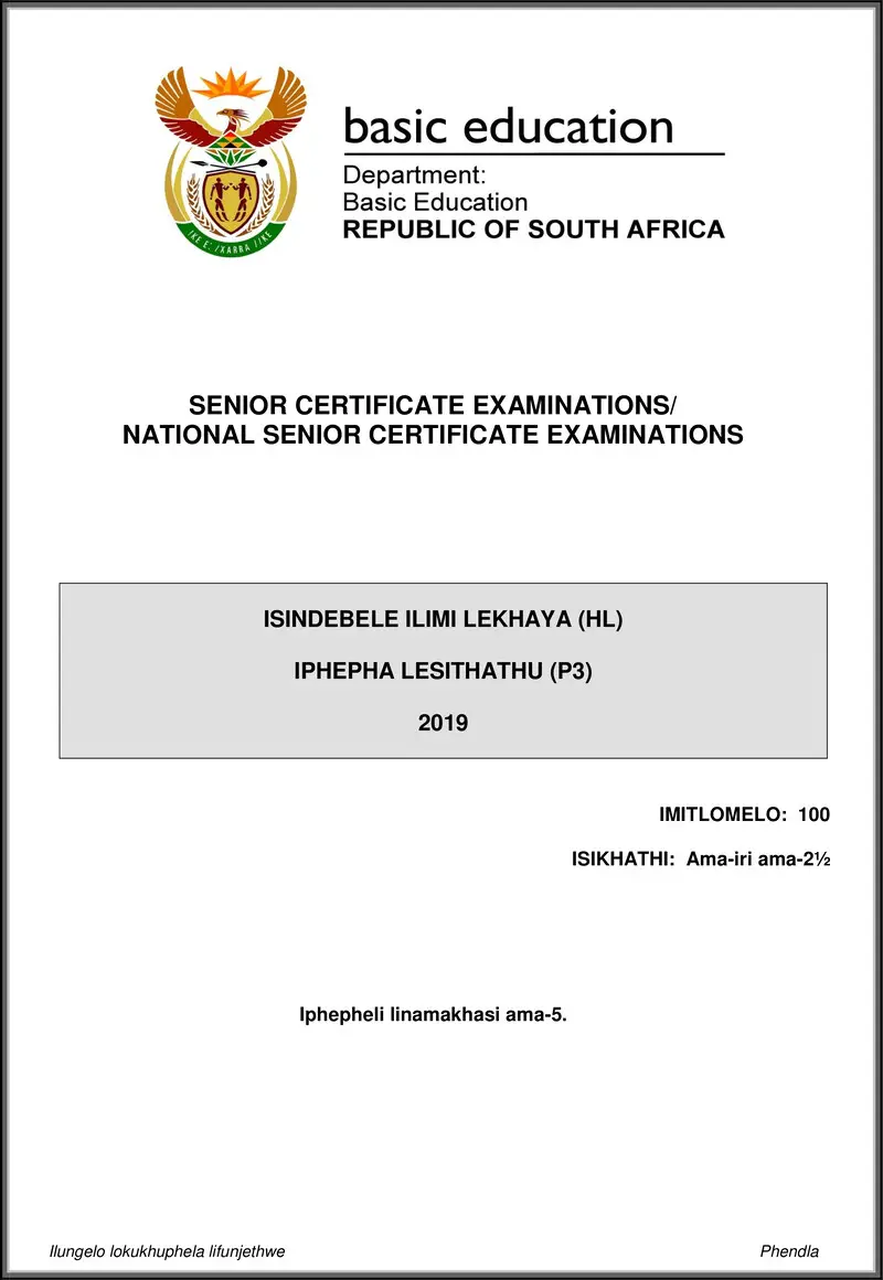 Grade 12 isiNdebele past paper 2019 – isindebele hl p3 may june 2019 gr12