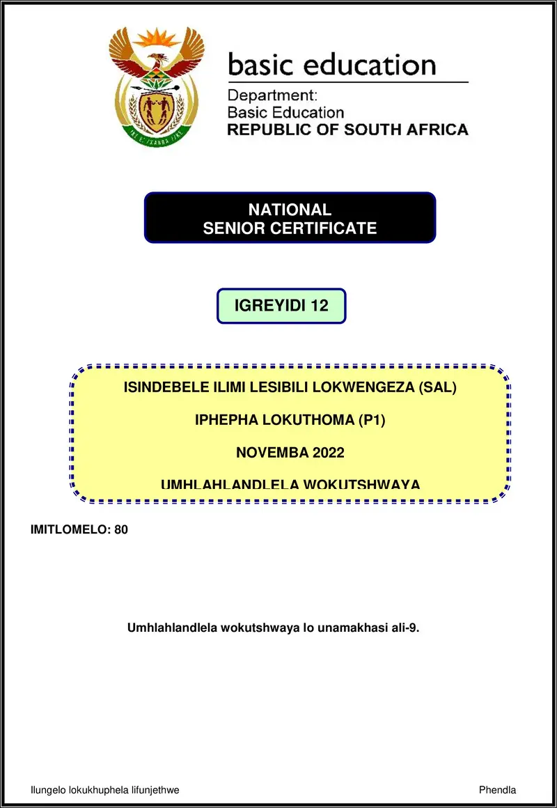 Grade 12 isiNdebele past paper 2022 – isindebele sal p1 nov 2022 mg gr12