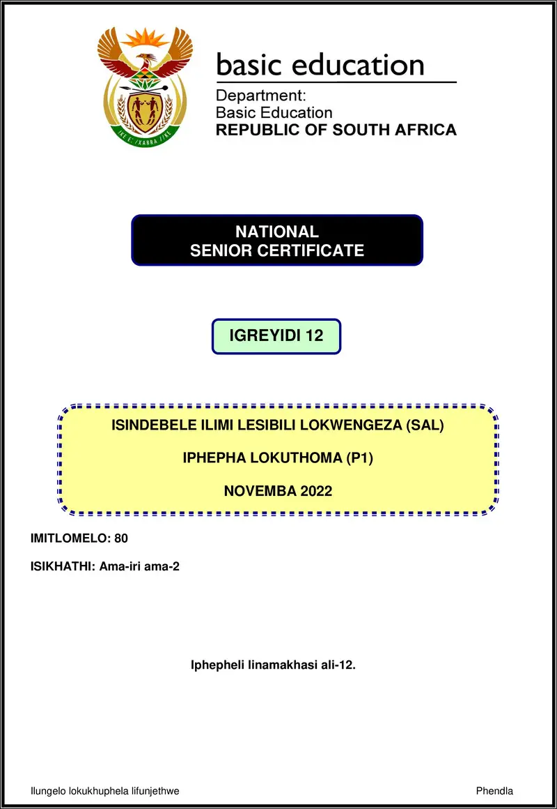 Grade 12 isiNdebele past paper 2022 – isindebele sal p1 nov 2022 gr12