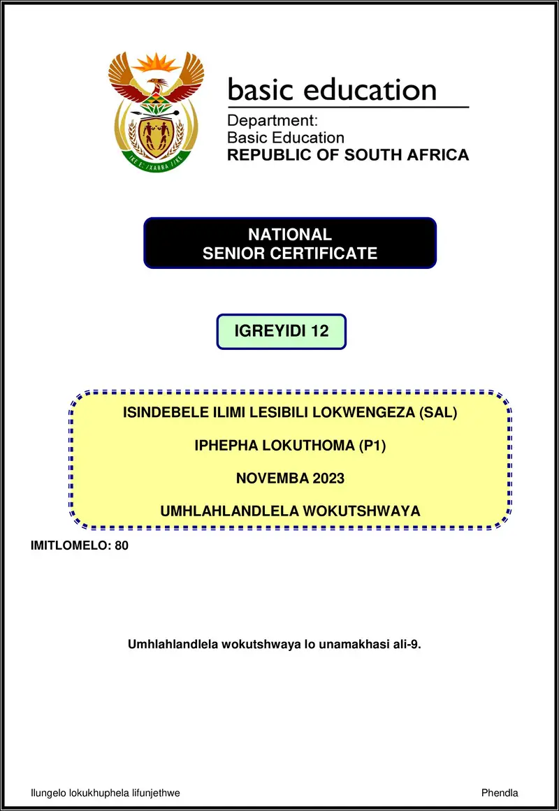 Grade 12 isiNdebele past paper 2023 – isindebele sal p1 nov 2023 mg gr12