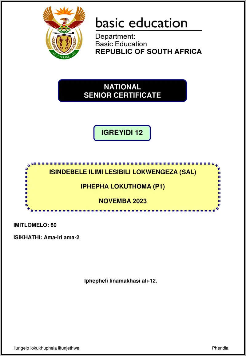 Grade 12 isiNdebele past paper 2023 – isindebele sal p1 nov 2023 gr12