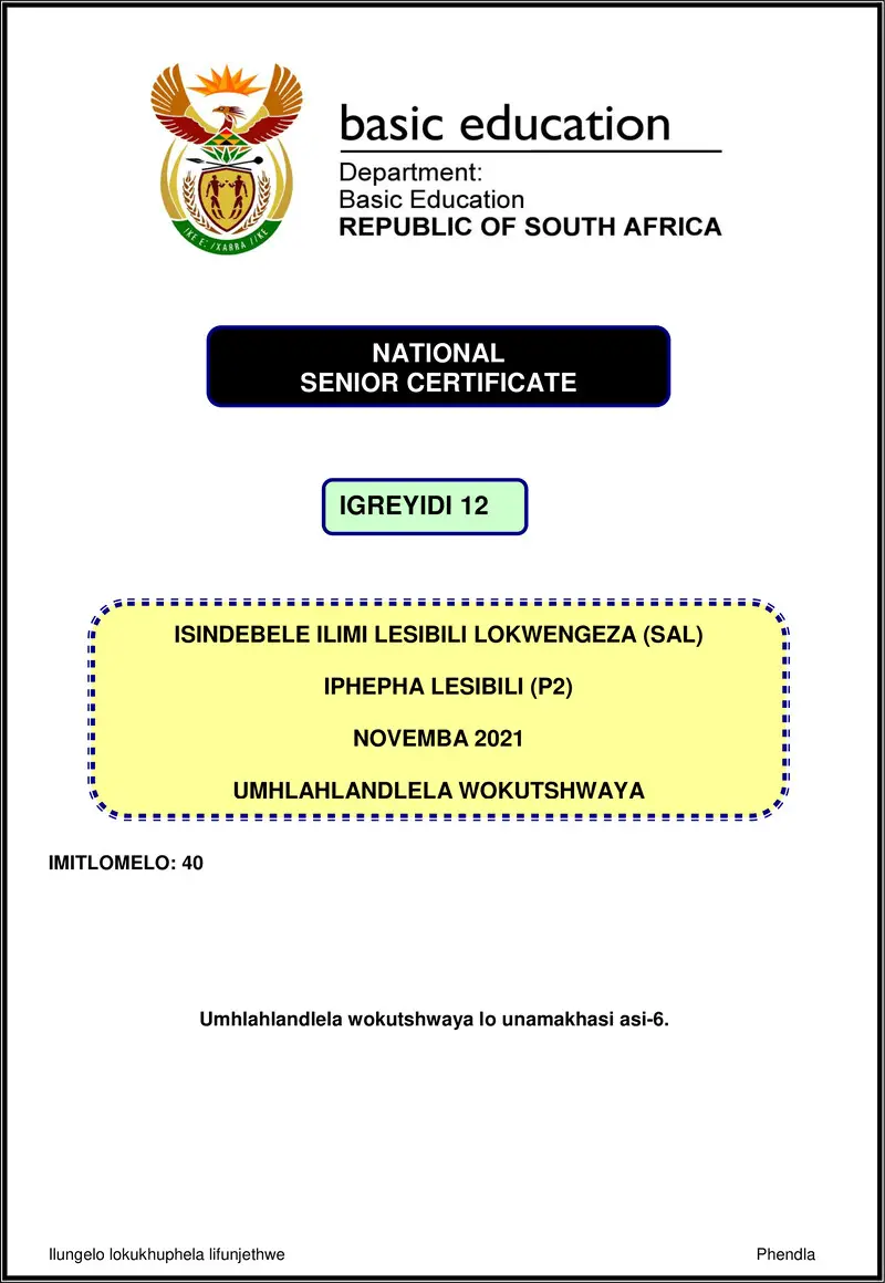 Grade 12 isiNdebele past paper 2021 – isindebele sal p2 nov 2021 mg gr12