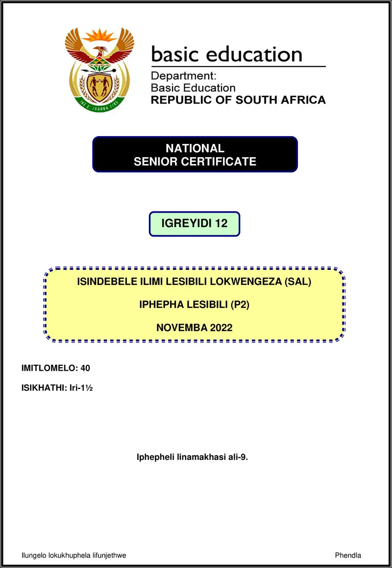 Grade 12 isiNdebele past paper 2022 – isindebele sal p2 nov 2022 gr12
